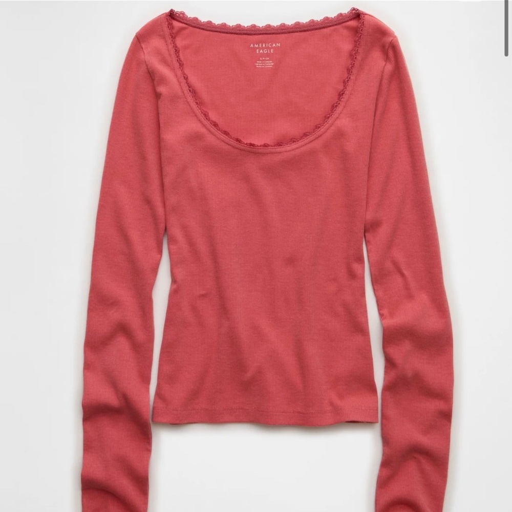 American Eagle Pink with Lace Trim Long Sleeve Shirt